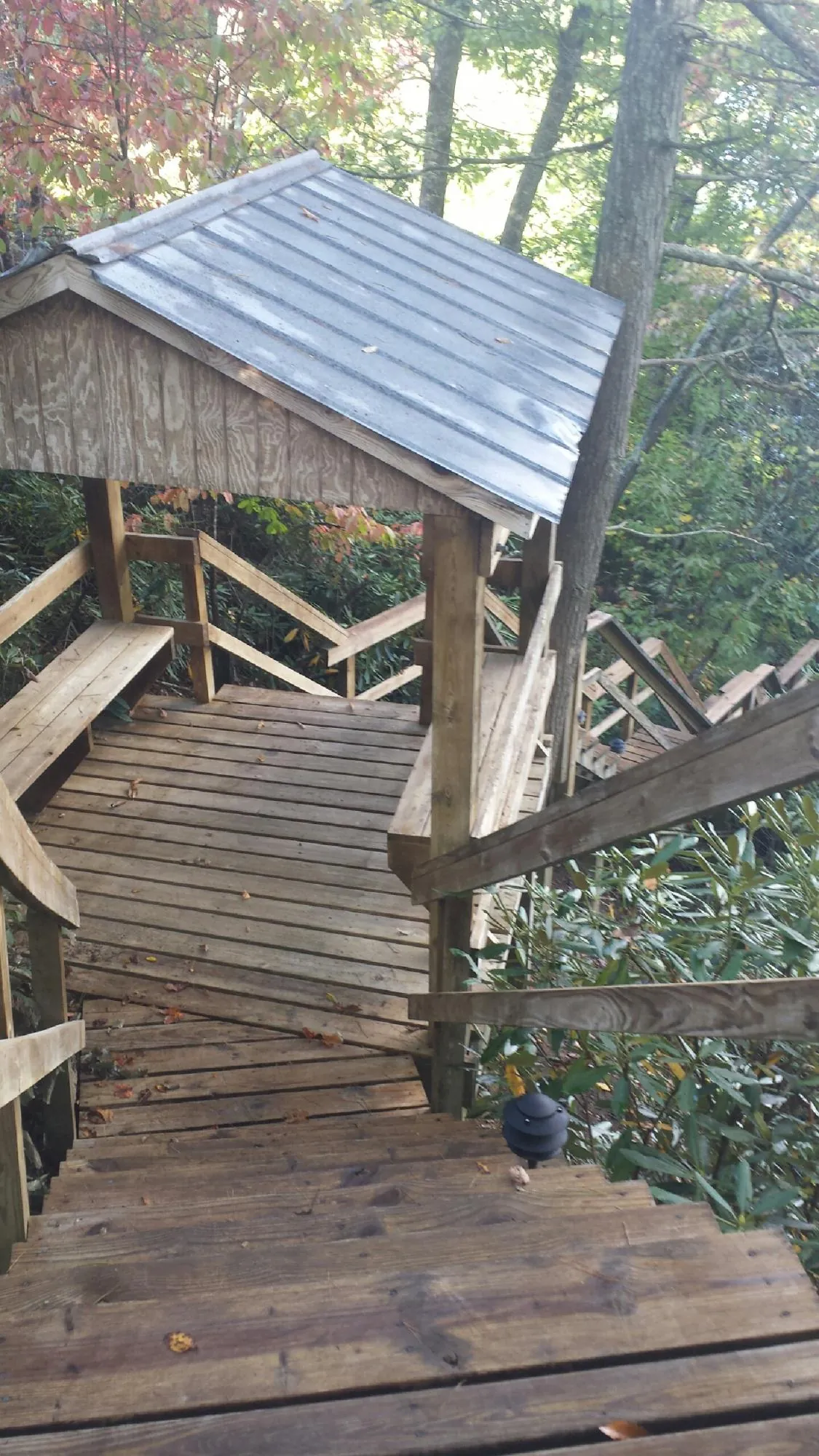 Metal roofed shelter over wooden steps on a wooded walkway — Skylight Repair & Installation work by our crew in Grover